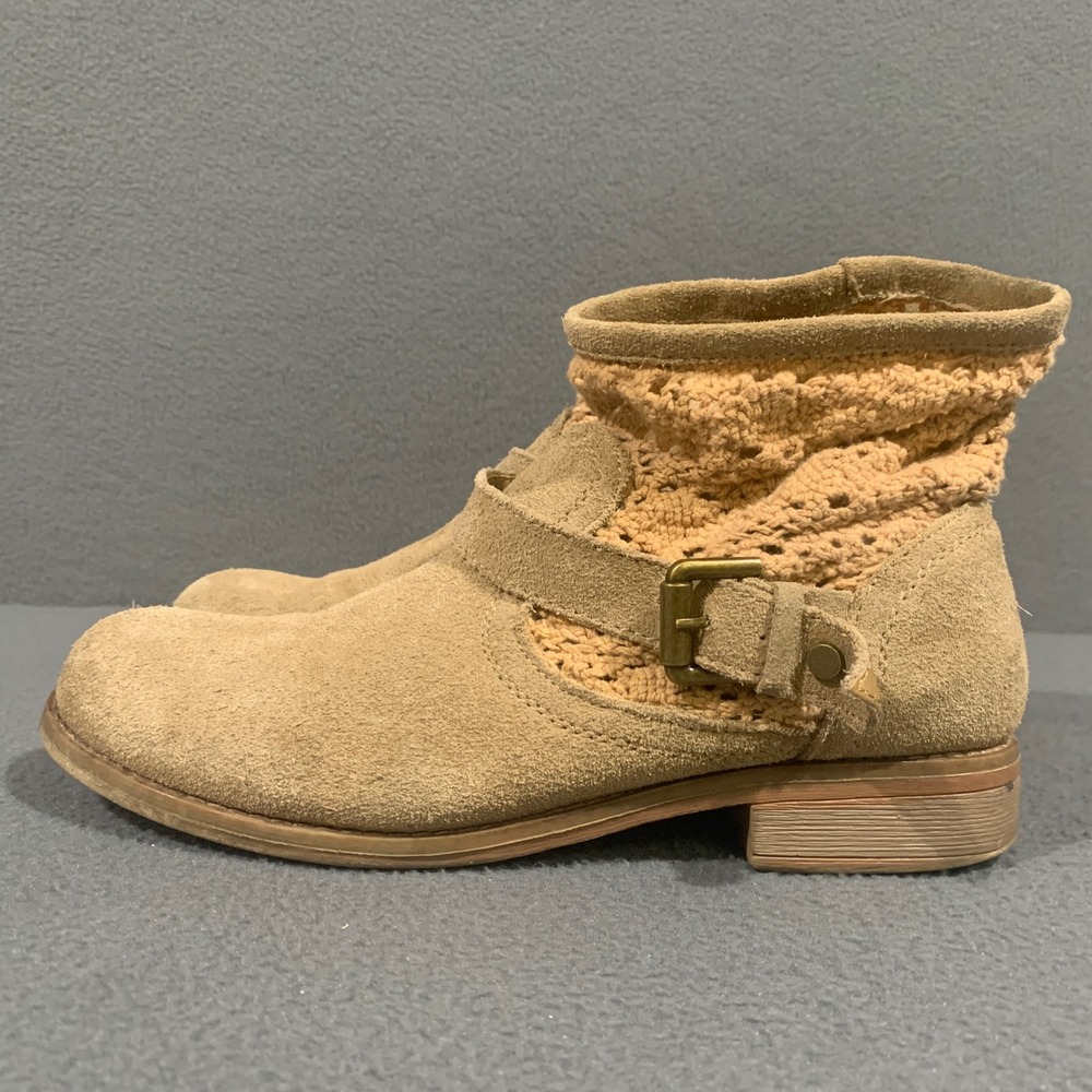 Camomilla Tan Suede Crochet Ankle Boots Women US 7.5 Boho Buckle Strap Booties - Picture 5 of 9